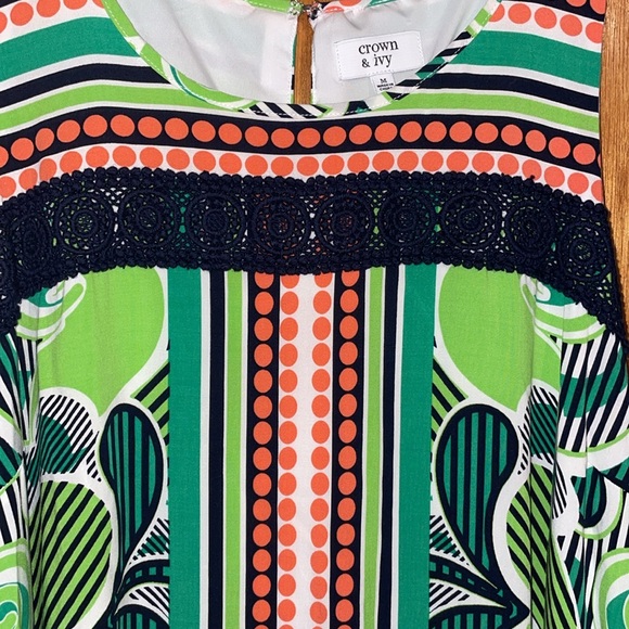 •CROWN & IVY•NWOT GREEN MULTI-PATTERNED 100% LINED SLEEVELESS DRESS SIZE MEDIUM - Picture 10 of 14